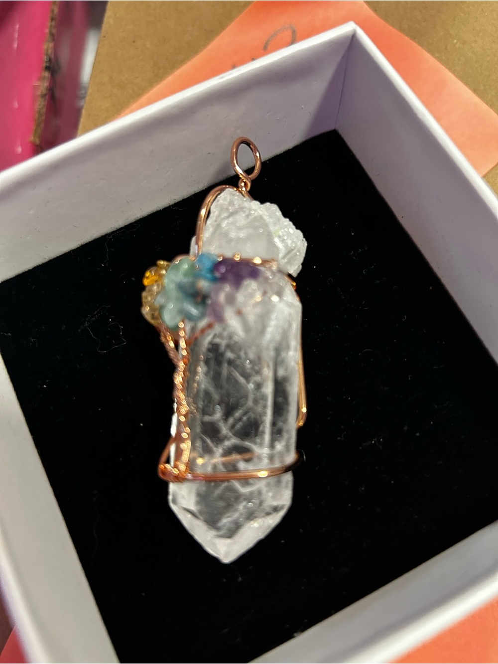 Wire-Wrapped Clear Quartz Pendant with Multicolor Accent - Rose Gold Tone